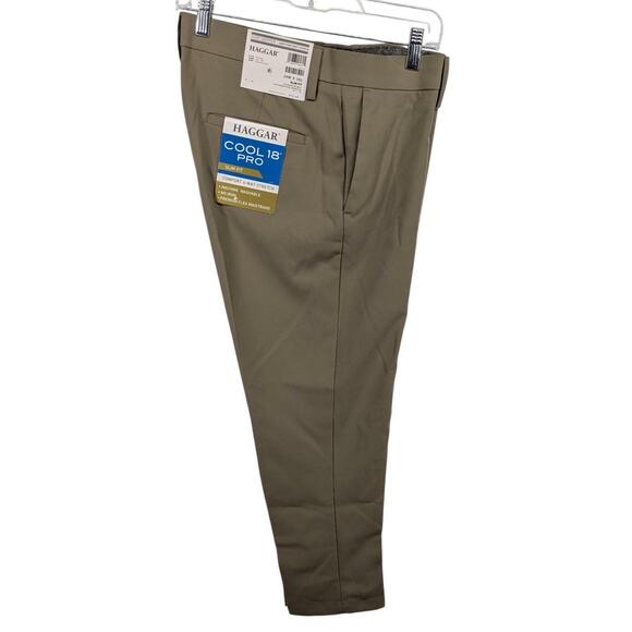 Haggar Mens Cool 18 Pro Comfort Waistband Slim Fit Flat Front Pant Beige 34 x 29 - Picture 2 of 5
